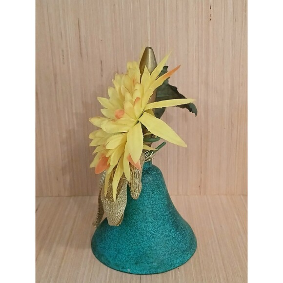 Rustic Metal Blue Ringing Bell with Sunflower Gold Bow Country Farmhouse Decor - Picture 4 of 11